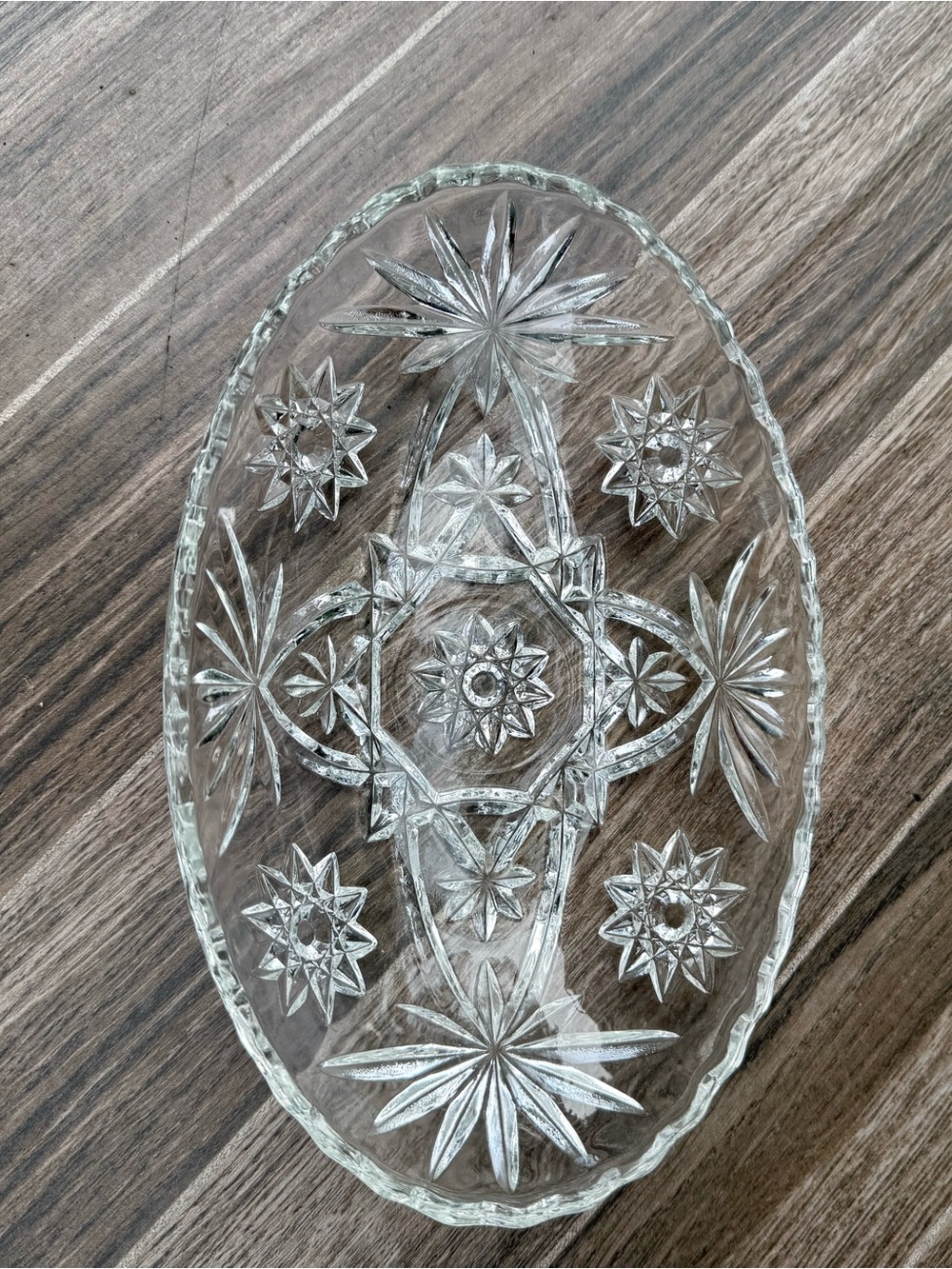 Vintage Anchor Hocking Clear Glass Oval Relish Pickle Dish with Starburst Motif